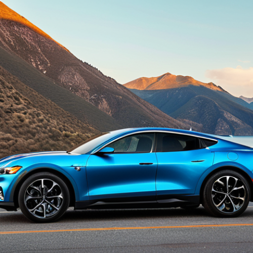 **

A sleek, modern Mustang Mach-E parked in a scenic location (mountains or coastline). Focus on the car's design and the spaciousness of the interior. Include a visual representation of the battery indicator showing a healthy charge level (around 80%).  The scene should evoke a sense of freedom and adventure associated with electric vehicle travel.  Subtle text overlay (stylized and minimal) mentioning "Long Battery Life" or "Extended Range."

**