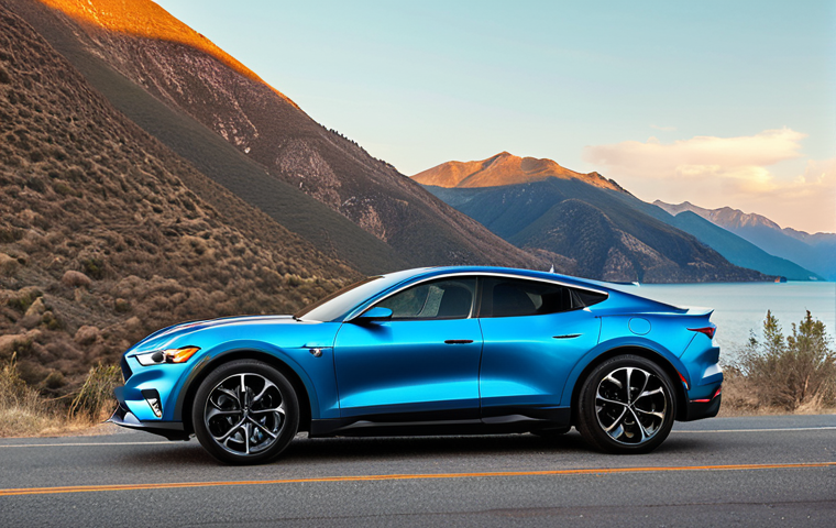**

A sleek, modern Mustang Mach-E parked in a scenic location (mountains or coastline). Focus on the car's design and the spaciousness of the interior. Include a visual representation of the battery indicator showing a healthy charge level (around 80%).  The scene should evoke a sense of freedom and adventure associated with electric vehicle travel.  Subtle text overlay (stylized and minimal) mentioning "Long Battery Life" or "Extended Range."

**
